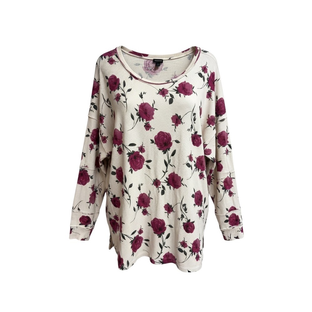 Torrid Womens 2 Plus Ivory Purple Floral Waffle Knit Thermal Long Sleeve Top